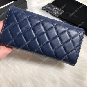 Chanel Classic Long Flap Wallet Silver Tone Navy Blue - Image 4