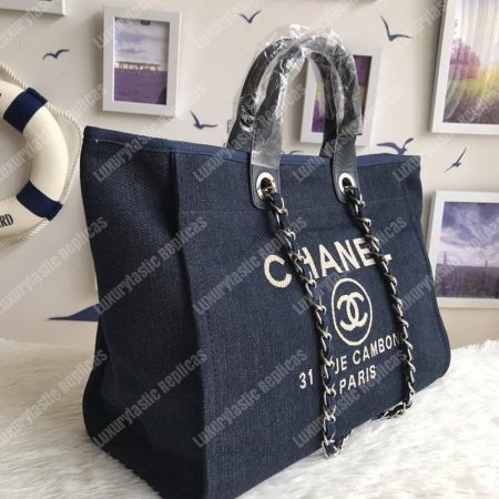 Chanel Deauville Fabric Tote Navy Blue/Gold - Image 9