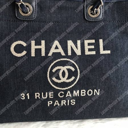 Chanel Deauville Fabric Tote Navy Blue/Gold - Image 3