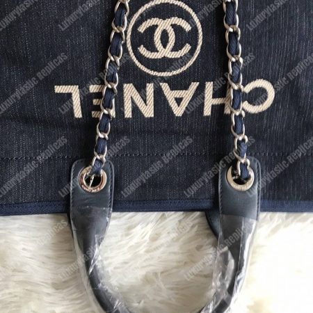 Chanel Deauville Fabric Tote Navy Blue/Gold - Image 4