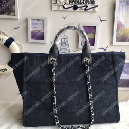 Chanel Deauville Fabric Tote Navy Blue/Gold - Image 5