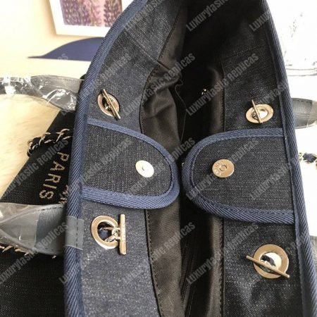 Chanel Deauville Fabric Tote Navy Blue/Gold - Image 8