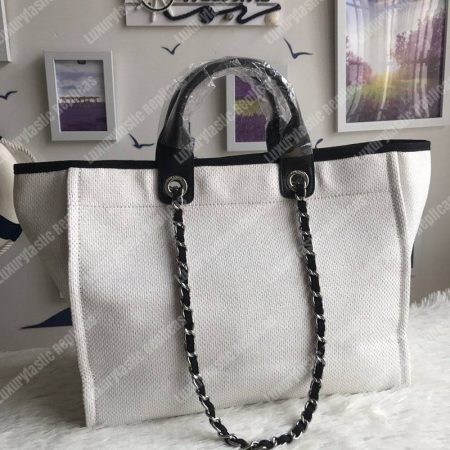 Chanel Deauville Fabric Tote White/Black - Image 9