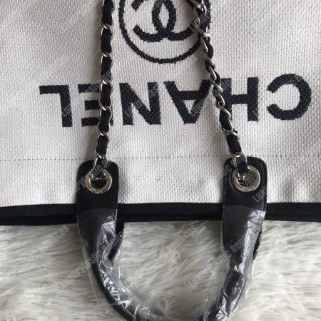 Chanel Deauville Fabric Tote White/Black - Image 6