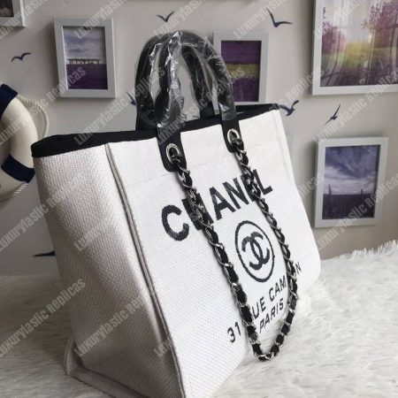 Chanel Deauville Fabric Tote White/Black - Image 8