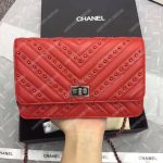 Chanel Reissue 2.55 Wallet On Chain – WOC Chevron Studded Lambskin Red Silver-Toned