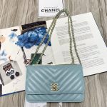 Chanel Wallet On Chain – WOC Chevron Lambskin Gold-Toned Metal Light Blue