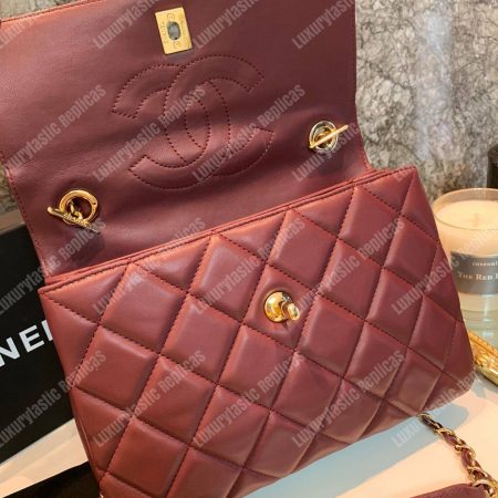 Chanel Small Flap Bag With Top Handle Burgundy-Gold - Image 8