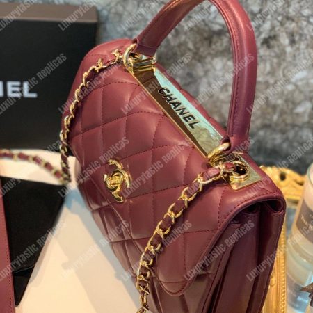 Chanel Small Flap Bag With Top Handle Burgundy-Gold - Image 4