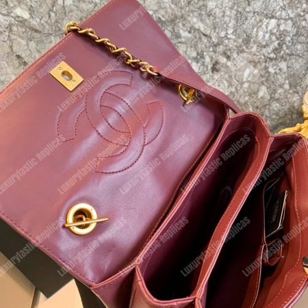 Chanel Small Flap Bag With Top Handle Burgundy-Gold - Image 9