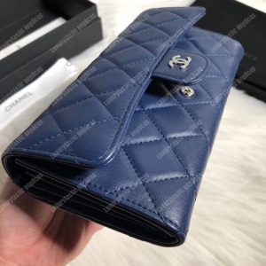 Chanel Classic Long Flap Wallet Silver Tone Navy Blue - Image 5
