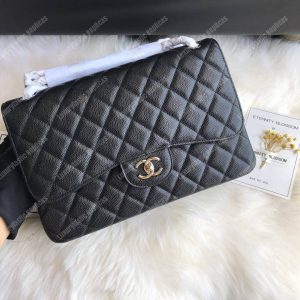 Chanel Classic Maxi Handbag Black Grained Calfskin Silver-Toned - Image 3