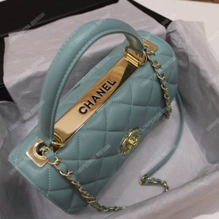 Chanel Small Flap Bag With Top Handle Light Blue-Gold - Image 3