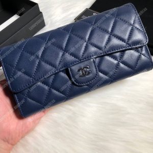Chanel Classic Long Flap Wallet Silver Tone Navy Blue - Image 3