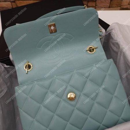 Chanel Small Flap Bag With Top Handle Light Blue-Gold - Image 6