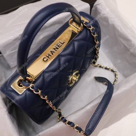 Chanel Small Flap Bag With Top Handle Navy Blue-Gold - Image 3