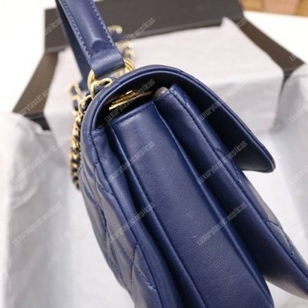 Chanel Small Flap Bag With Top Handle Navy Blue-Gold - Image 7