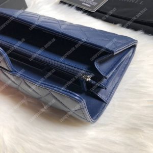 Chanel Classic Long Flap Wallet Silver Tone Navy Blue - Image 7