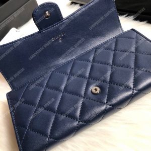 Chanel Classic Long Flap Wallet Silver Tone Navy Blue - Image 6