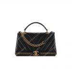 Chanel Chevron Stitched Chain Top Handle Flap Bag Black