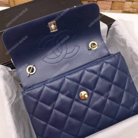 Chanel Small Flap Bag With Top Handle Navy Blue-Gold - Image 4