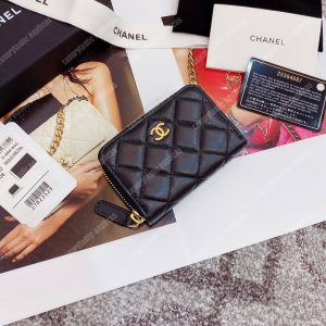 Classic Zipped Card Holder Gold Toned Lambskin Black - Image 3