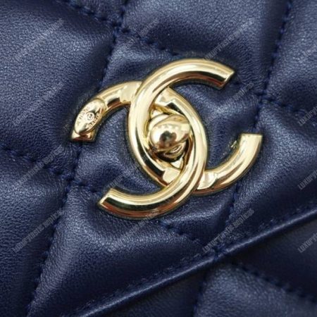 Chanel Small Flap Bag With Top Handle Navy Blue-Gold - Image 8