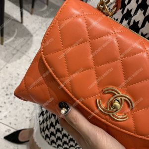 Chanel Flap Bag With Top Handle Lambskin Orange - Image 6