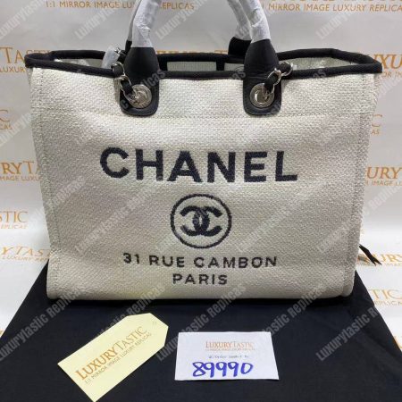 Chanel Deauville Fabric Tote White/Black - Image 19