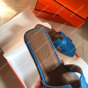Hermes Oran Sandal Ostrich Leather Blue - Image 5