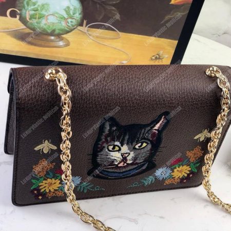 Gucci Embroidered Small Shoulder Bag Leather Brown - Image 3