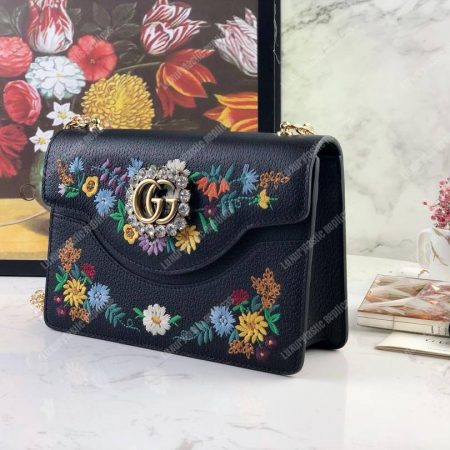 Gucci Embroidered Small Shoulder Bag Leather Black - Image 8