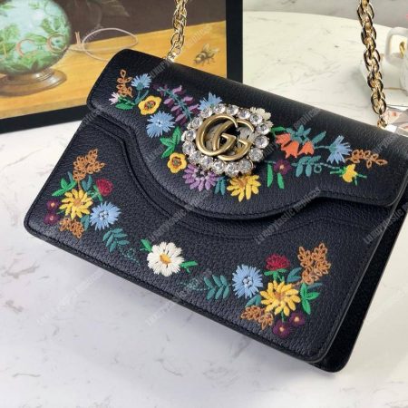 Gucci Embroidered Small Shoulder Bag Leather Black - Image 9