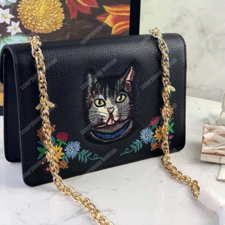 Gucci Embroidered Small Shoulder Bag Leather Black - Image 7