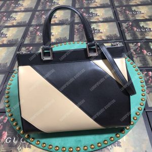Gucci Zumi Diagonal Stripe Medium Top Handle Bag Black Beige - Image 4