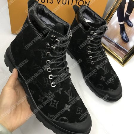 LV Suede Monogram Ankle Boots Black - Image 3
