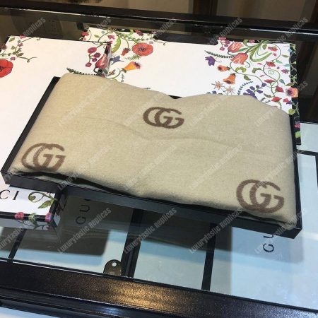 Gucci Wool Scarf Double G Pattern Beige Brown - Image 3