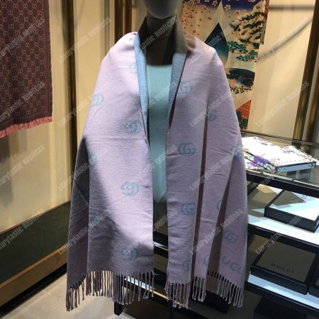 Gucci Wool Scarf Double G Pattern Pink Grey - Image 7