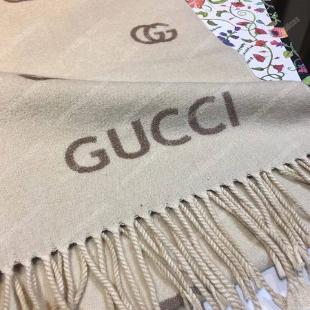 Gucci Wool Scarf Double G Pattern Beige Brown - Image 5