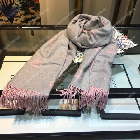 Gucci Wool Scarf Double G Pattern Pink Grey - Image 6