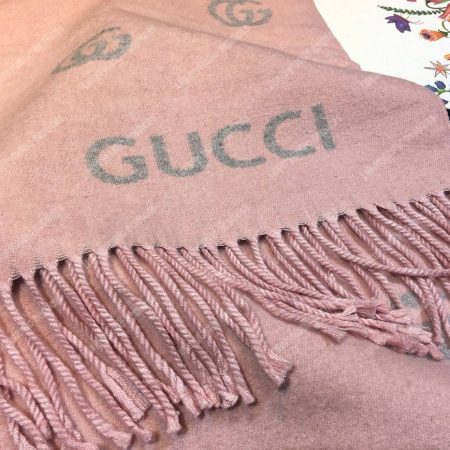Gucci Wool Scarf Double G Pattern Pink Grey - Image 4