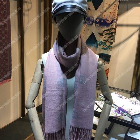Gucci Wool Scarf Double G Pattern Pink Grey - Image 8