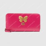 Gucci GG Leather Zip Around Wallet With Butterfly Bright Pink