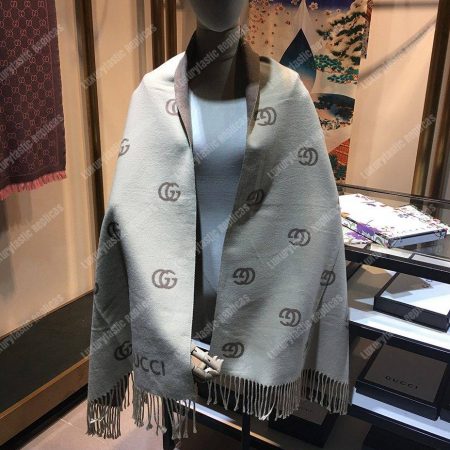 Gucci Wool Scarf Double G Pattern Beige Brown - Image 6