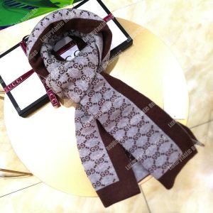 Gucci Monogram GG Wool Scarf Grey Burgundy - Image 3