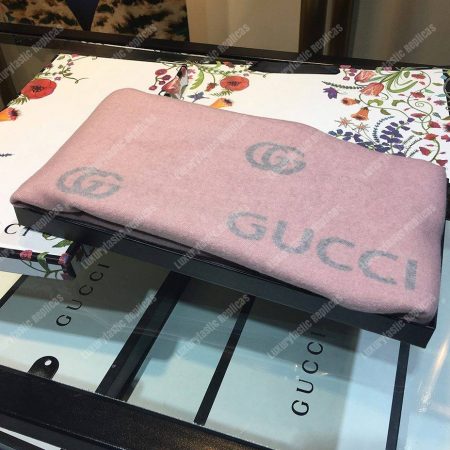 Gucci Wool Scarf Double G Pattern Pink Grey - Image 3