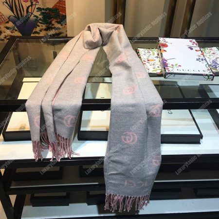 Gucci Wool Scarf Double G Pattern Pink Grey - Image 5