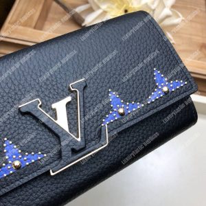 LV Capucines Wallet Taurillon Noir Leather Monogram Blue Flowers - Image 3