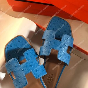 Hermes Oran Sandal Ostrich Leather Blue - Image 3