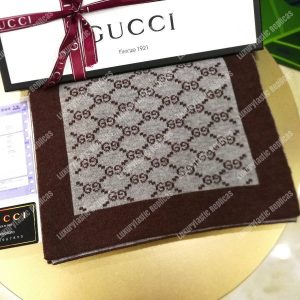 Gucci Monogram GG Wool Scarf Grey Burgundy - Image 5